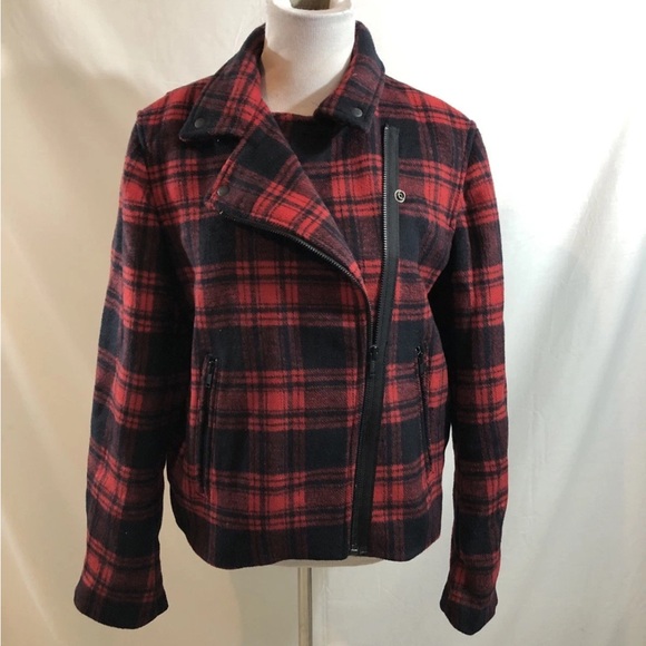 Gap Red & Black Plaid Wool Waist Jacket - Womens XL, Bust 19.5”, Length 22” - Picture 1 of 4